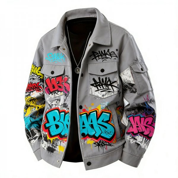 Men's Gray Colorful Graffiti Print Shirt Collar Jacket with Utility Pockets