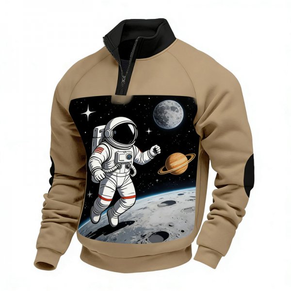 Men's Khaki Half-Zip Stand Collar Sweatshirt with Astronaut & Space Print