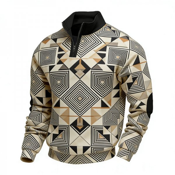 Men's Khaki Half-Zip Stand Collar Sweatshirt with Geometric Maze Print