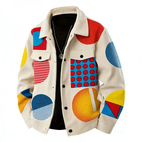 Men's Beige Pop Art Geometric Print Shirt Collar Jacket with Utility Pockets