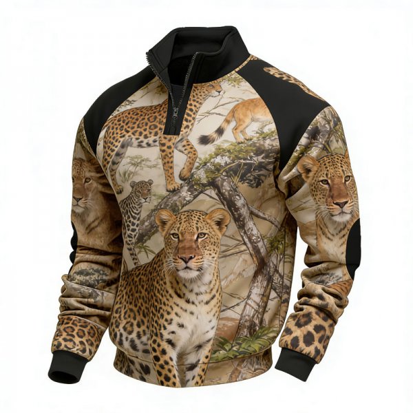 Men's Khaki Half-Zip Stand Collar Sweatshirt with Leopard Animal Print
