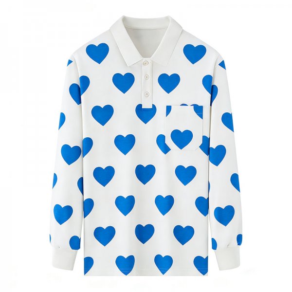 Women's White Long-Sleeve Polo Shirt with Full Blue Heart Print