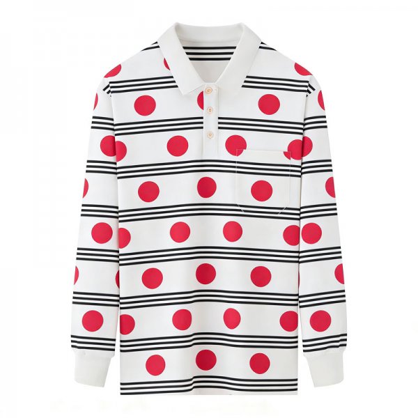 Women's White Long-Sleeve Polo Shirt with Red Polka Dot & Black Stripe Print