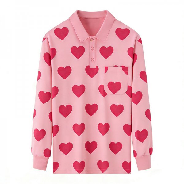 Women's Pink Long-Sleeve Polo Shirt with Full Red Heart Print