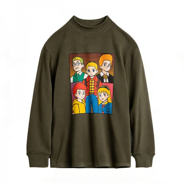 Women's Olive High Neck Top with Cartoon Character Print