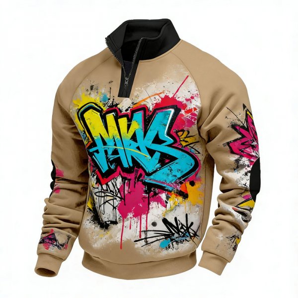 Men's Khaki Half-Zip Stand Collar Sweatshirt with Colorful Graffiti Letter Print