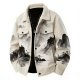 Men's Beige Chinese Ink Landscape Print Shirt Collar Jacket with Utility Pockets