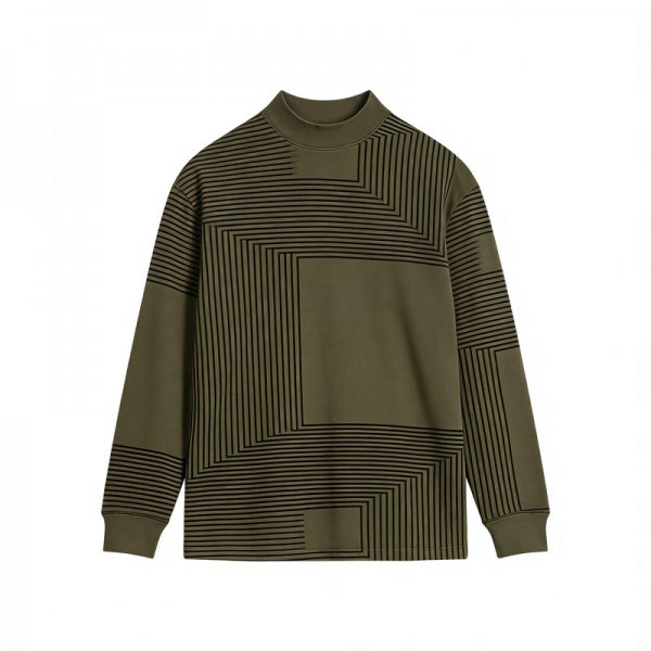 Women's Olive High Neck Top with Black Line Geometric Print