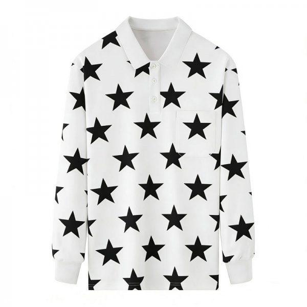 Women's White Long-Sleeve Polo Shirt with Full Black Star Print