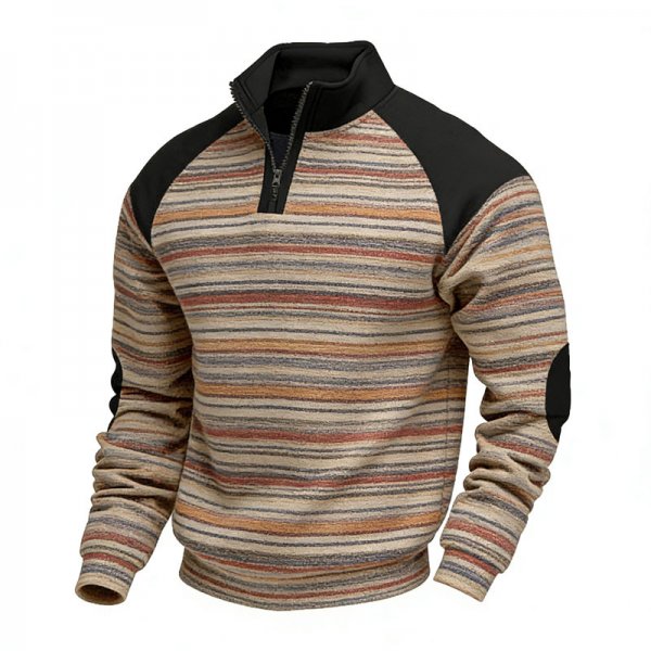 Men's Khaki Half-Zip Stand Collar Sweatshirt with Multi-Color Stripe Print