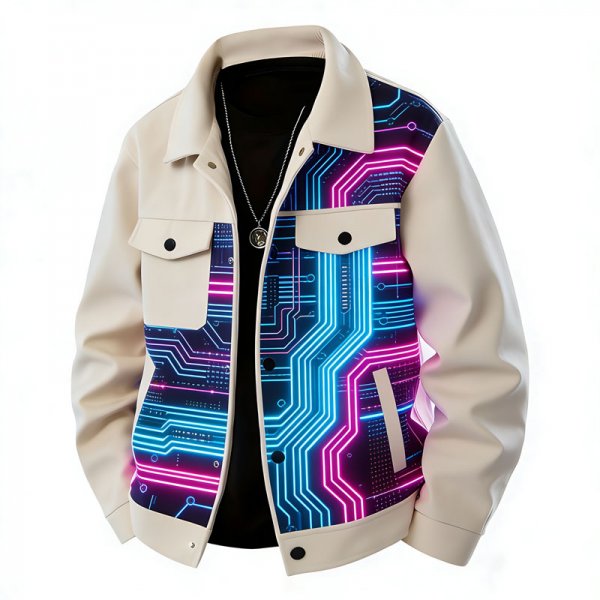 Men's Beige Neon Circuit Board Print Shirt Collar Jacket with Contrast Panels