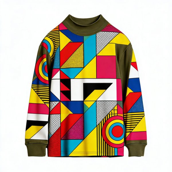 Women's Olive Collar High Neck Top with Colorful Pop Art Geometric Print