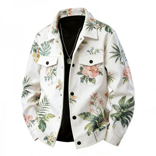 Men's White Floral & Tropical Leaf Print Shirt Collar Jacket with Utility Pockets