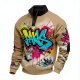 Men's Khaki Half-Zip Stand Collar Sweatshirt with Colorful Graffiti Letter Print