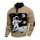 Men's Khaki Half-Zip Stand Collar Sweatshirt with Astronaut & Space Print