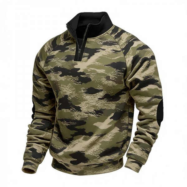 Men's Camouflage Print Half-Zip Stand Collar Sweatshirt (Khaki/Black/Green)